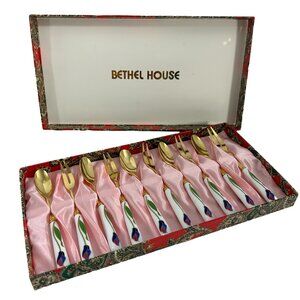 Vintage Bethel House Cocktail Forks Spoons Set Gold Porcelain Handles Tulips